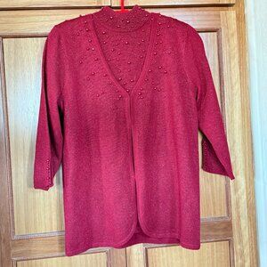 Red/Raspberry Sweater Set 3/4 Slit Sleeves, Beaded Accents, Hook and Eye Fasten